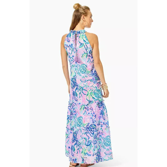 Lilly Pulitzer Everly Maxi Dress Mermaid Halter Ruffle Pink Sleeveless Size XL - Picture 8 of 16